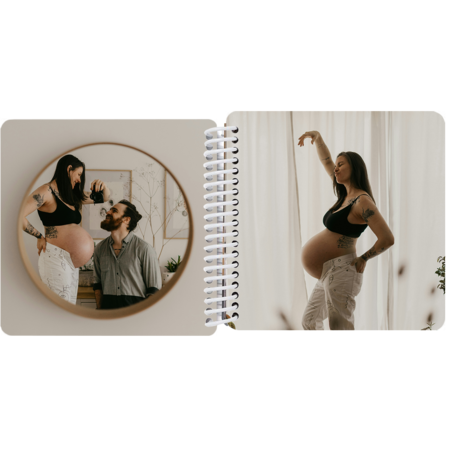 Pregnancy memory spread in a personalized baby's first year board book with maternity photos