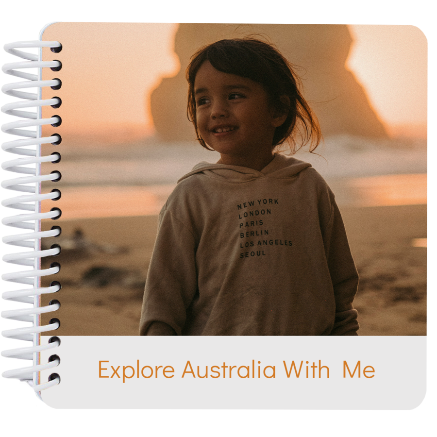 Personalized story board book cover featuring a girl on a beach in Australia with the title "Explore Australia With Me"