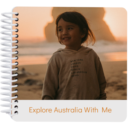 Personalized story board book cover featuring a girl on a beach in Australia with the title "Explore Australia With Me"