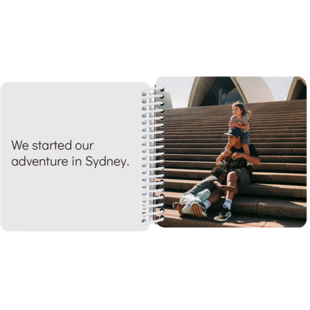 Family posing on the steps in Sydney inside a personalized Australia travel story board book