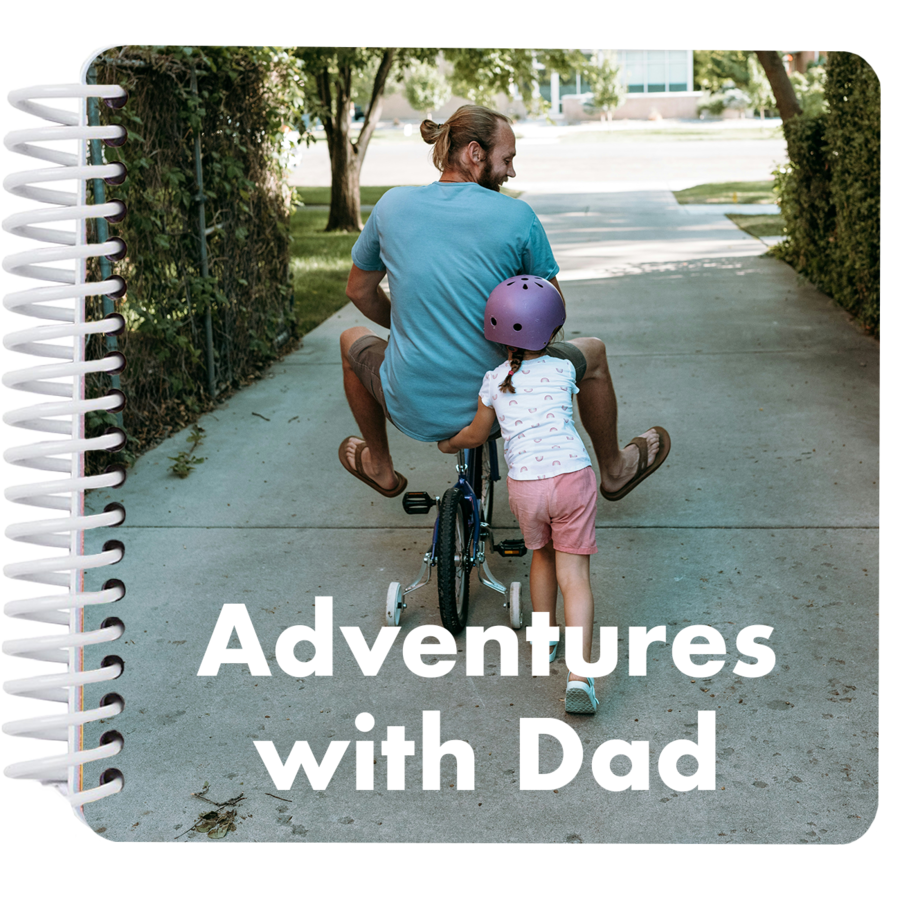 Personalized "Adventures with Dad" board book cover featuring a child and dad riding a bike together