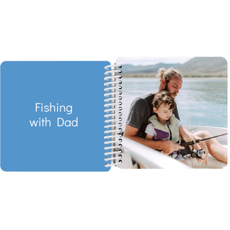 Dad teaching daughter how to fish in a personalized Adventures with Dad board book with the message "Fishing with dad"