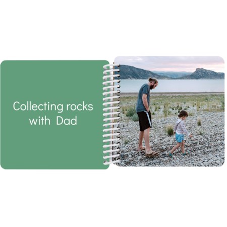 Dad and daughter collecting rocks together on the beach in a personalized Adventures with Dad board book with the message "Collecting rocks with dad"