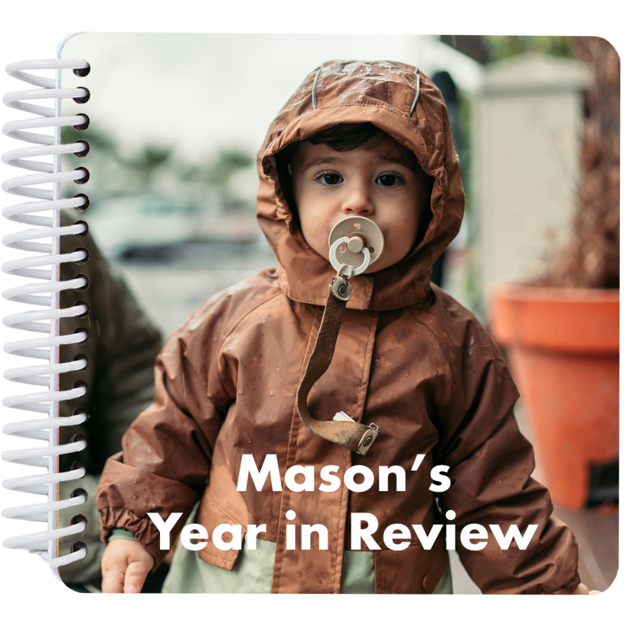 Cover Personalized "Year in Review" board book cover featuring a child photo with the title "Mason's Year in Review"