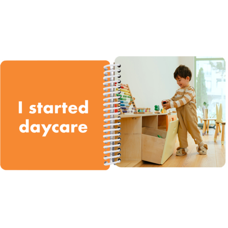 Child attending daycare in a personalized Year in Review board book with the milestone "I started daycare"