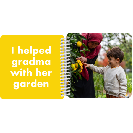 Child helping grandma in the garden in a personalized Year in Review board book with the milestone "I helped grandma in the garden"