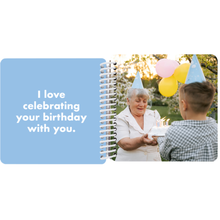 Grandmother and grandson celebrating her birthday in a personalized Grandma and Me board book with the message "I love celebrating your birthday with you"