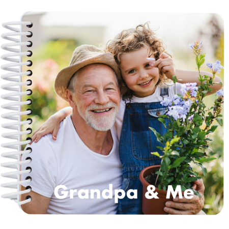 Personalized Grandpa and Me board book cover featuring a grandfather and granddaughter in a garden with the title "Grandpa and Me"