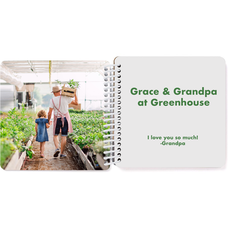 Grandfather and granddaughter at a greenhouse in a personalized Grandpa and Me board book with the title "Grace and Grandpa at the Greenhouse"