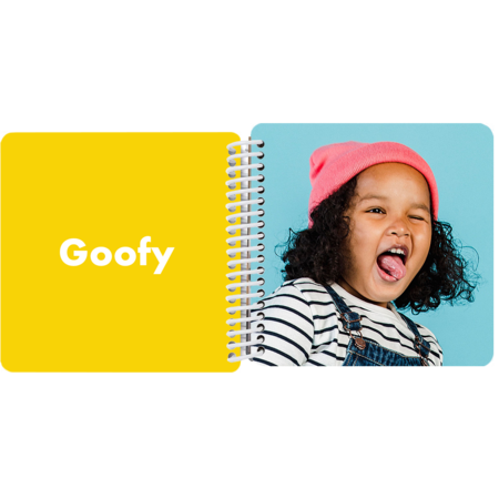 Child making a goofy face in a personalized My Book of Emotions board book with the emotion "Goofy"